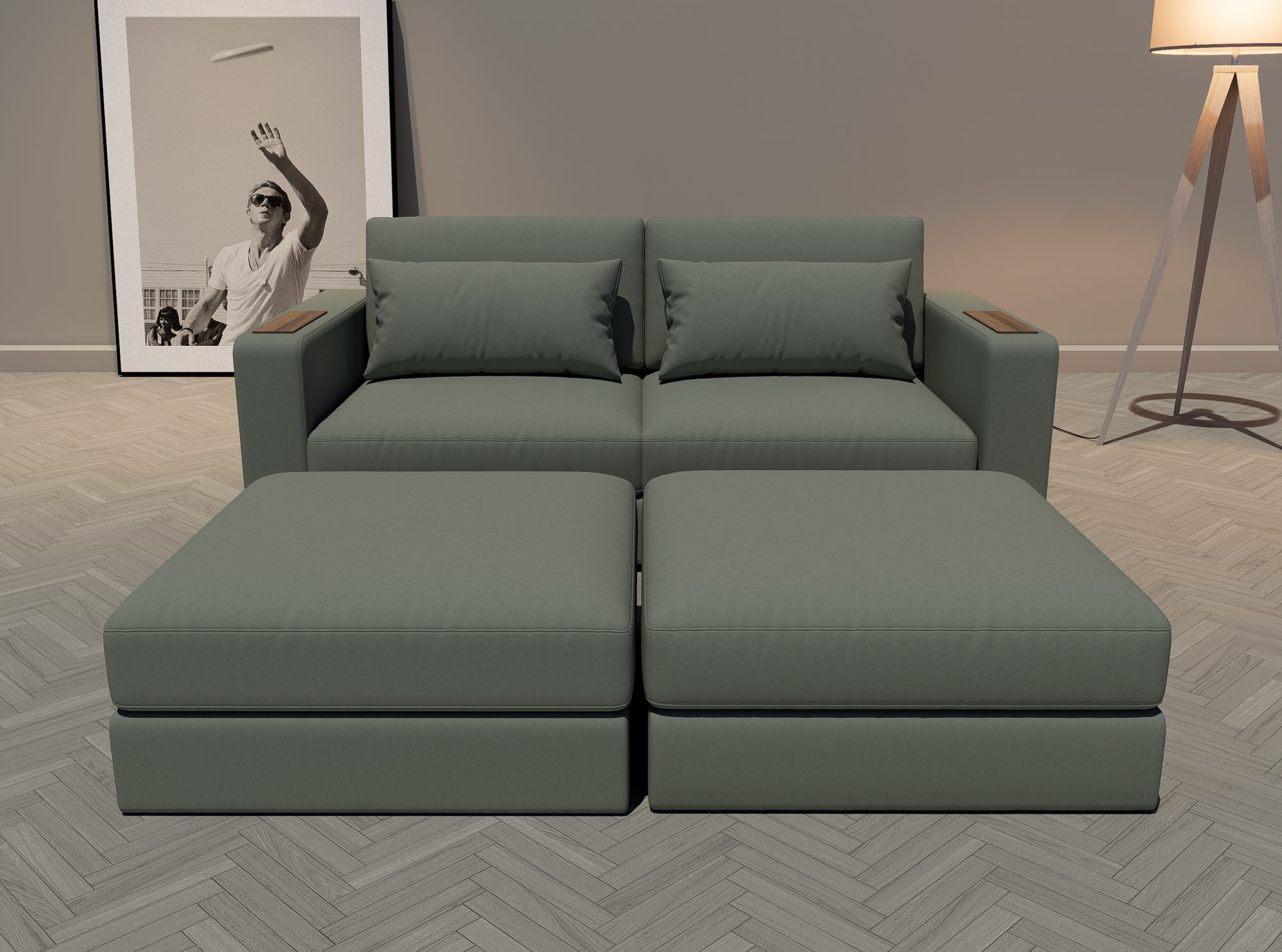 Buckley two-seat with footstools and walnut arm tables