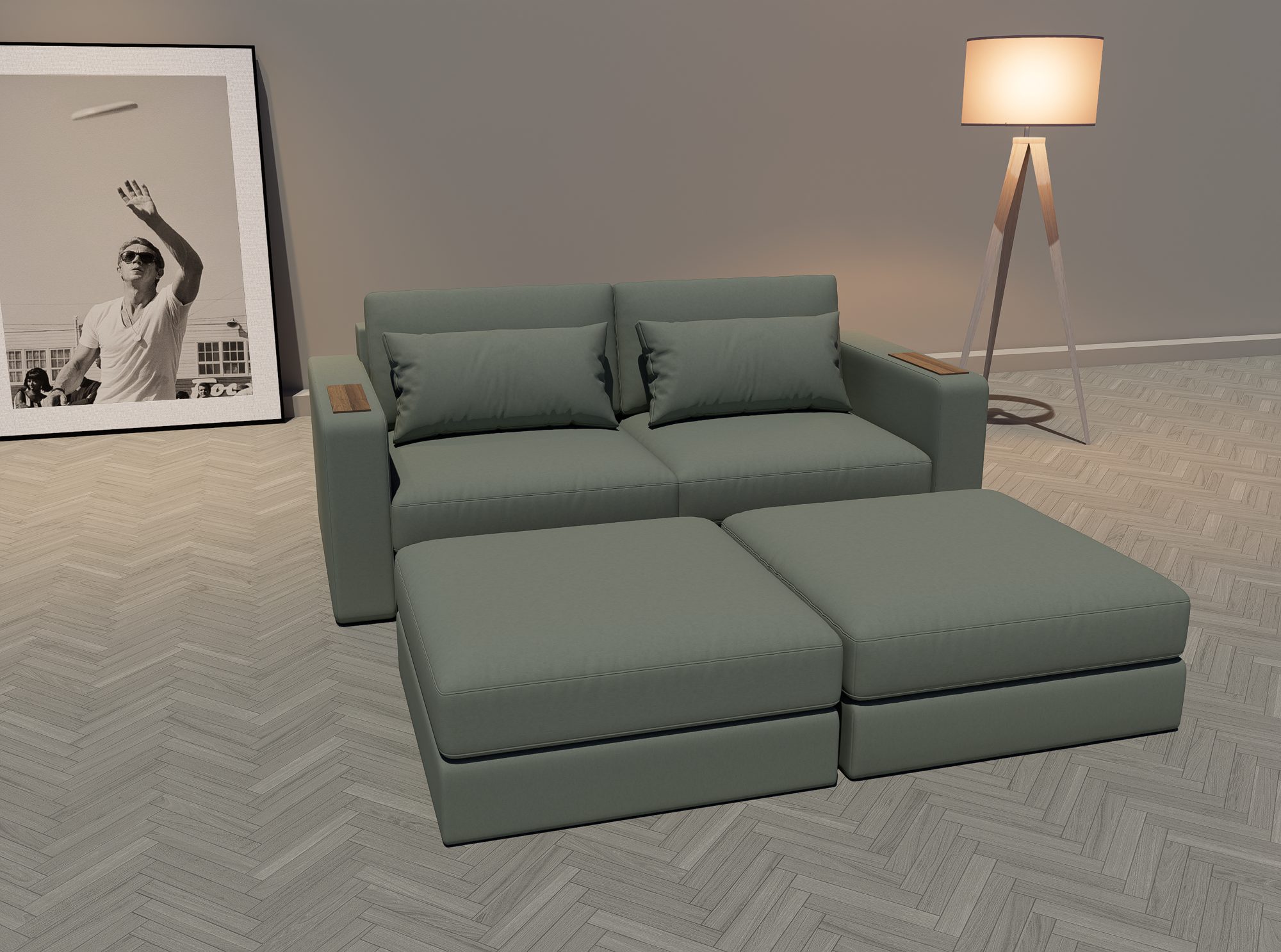 Buckley two-seat with footstools and walnut arm tables