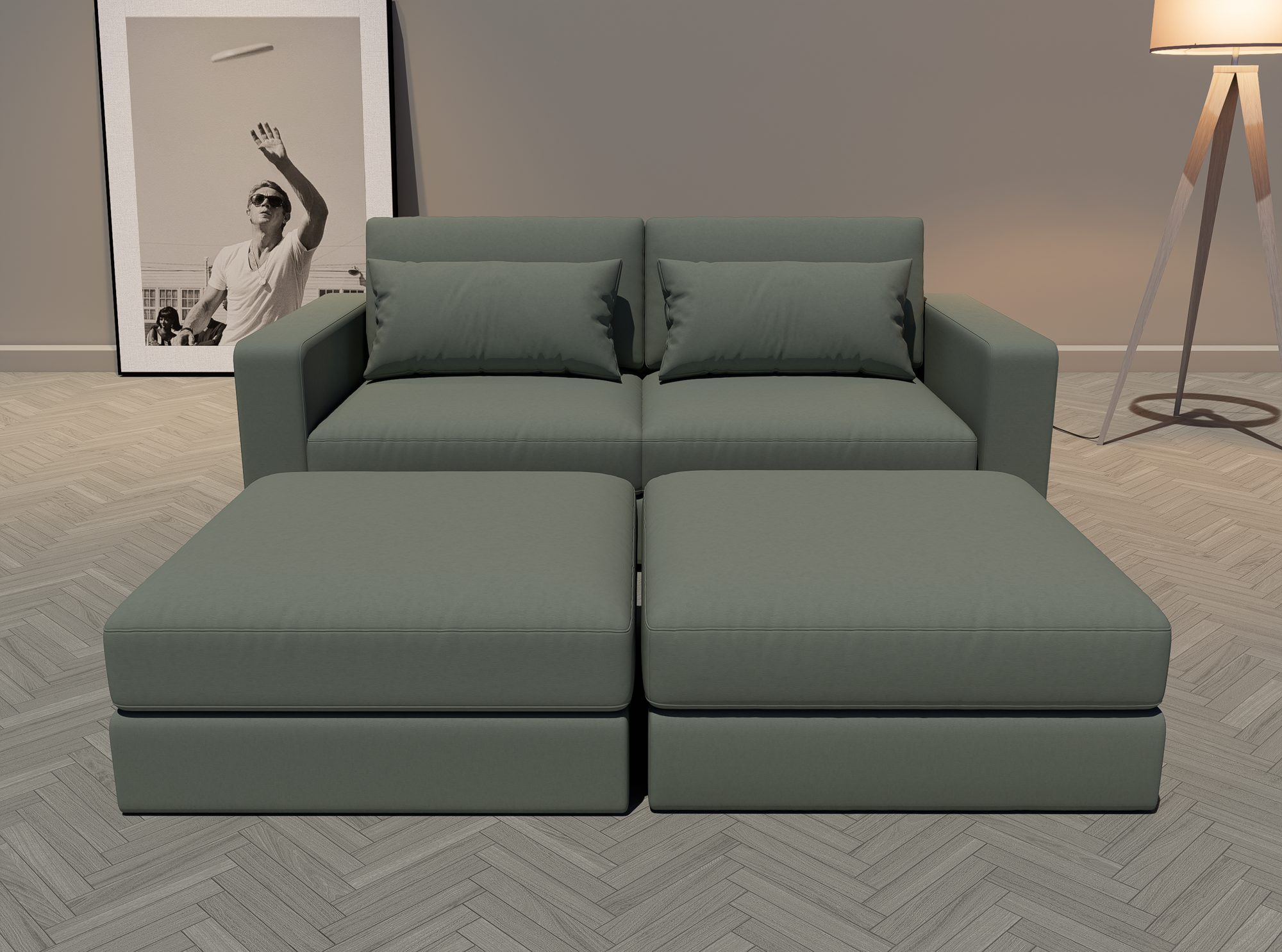 Buckley two-seat with footstools, plain arms
