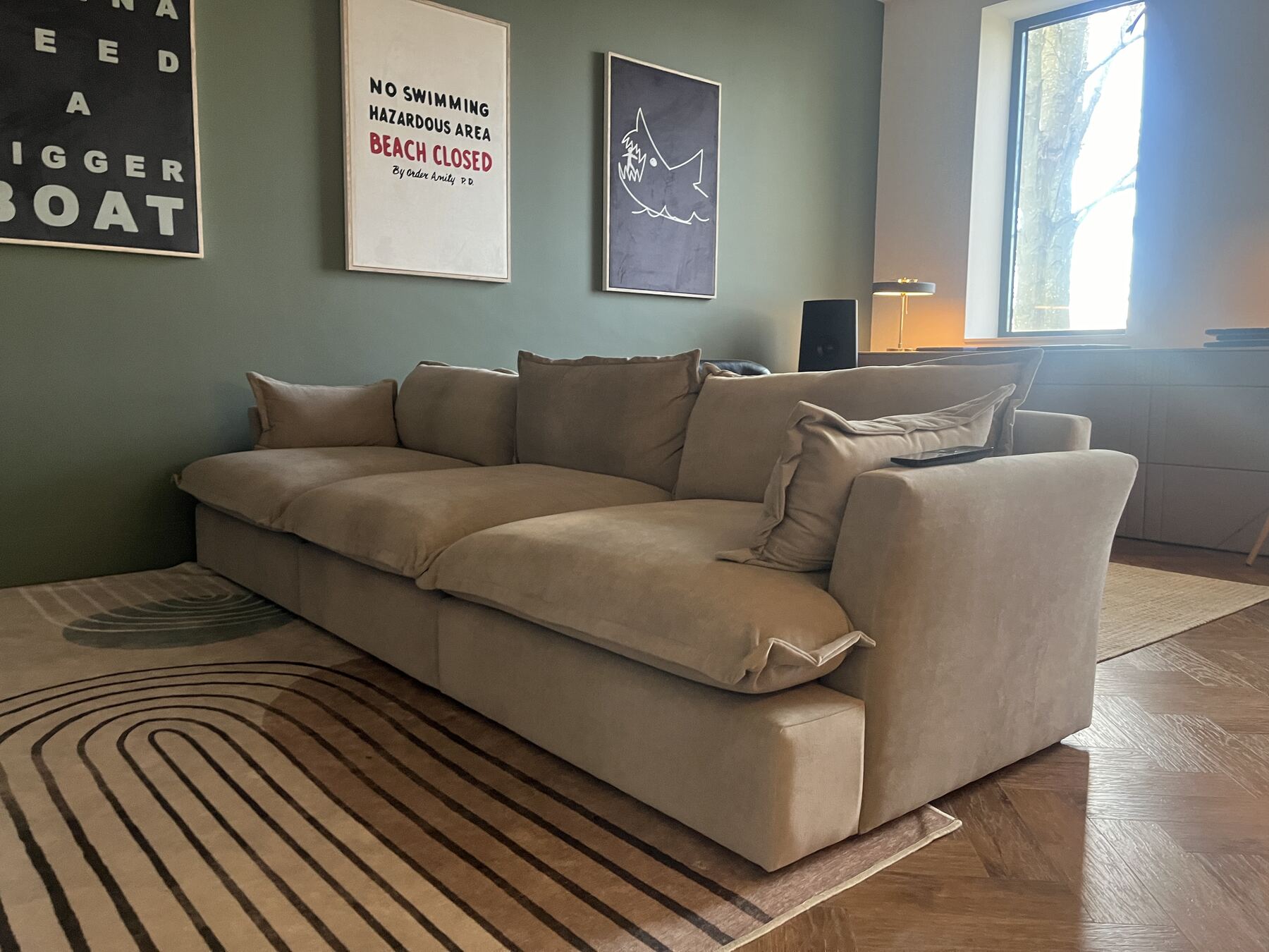 Thomas sofa in sage fabric with soft flanged cushions
